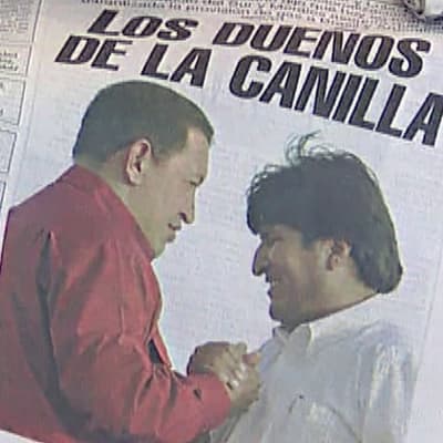 Hugo Chavez ja Evo Morales lehden kannessa. Yle kuvanauhalta