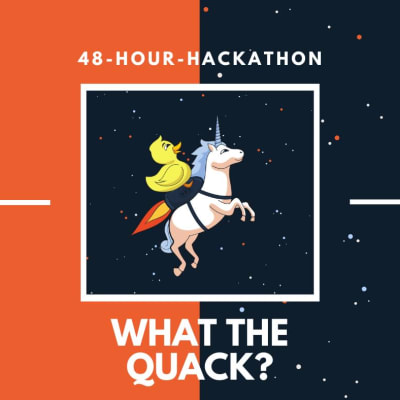 På bilden står det "48-hour-hackathon" och "what the quack?". I mitten finns en illustration av en enhörning som flyger med en badanka på ryggen. 