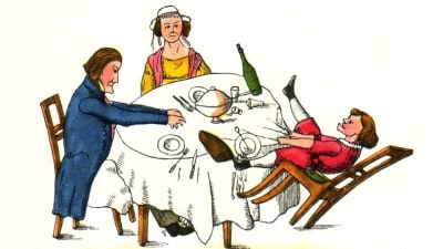 Tecknad bild på sagofiguren Drummelpetter, eller Pelle Snusk, som sitter vid ett matbord och vickar på stolen och drar i bordduken.