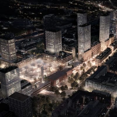 Havainnekuva Tampereen rautatieaseman seudusta vuonna 2035.