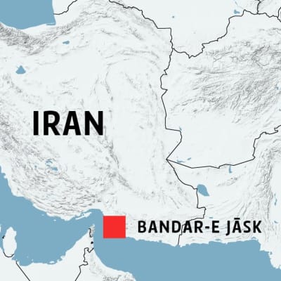 Staden Bandar-e Jāsk i Iran utprickad på en karta.