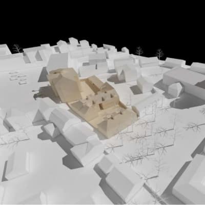 En 3D-illustration med vita gator och byggnader. I mitten bruna huskroppar som visar Lydmanska huset och bostadshuset som planeras bredvid det i gamla stan i Ekenäs centrum.
