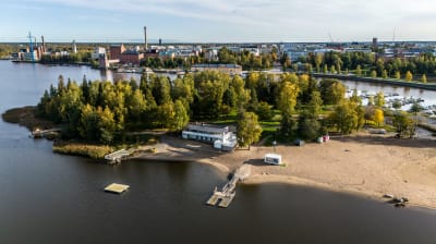 Drönarfoto av Sandö med Vasa centrum i bakgrunden