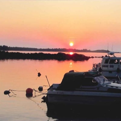 Solnedgång över båthamnen i Koskö. Foto Herbert Rabb