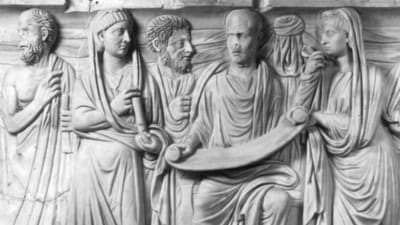Konstverk på filosofen Plotinos med följare