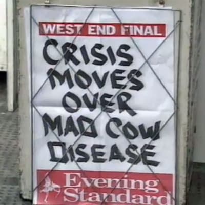 En planch var det står "CRISIS MOVES OVER MAD COW DISEASE"