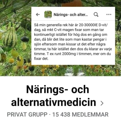 En moderator i Facebookgruppen Närings- och alternativmedicin delar råd om överdoser av vitaminer. 