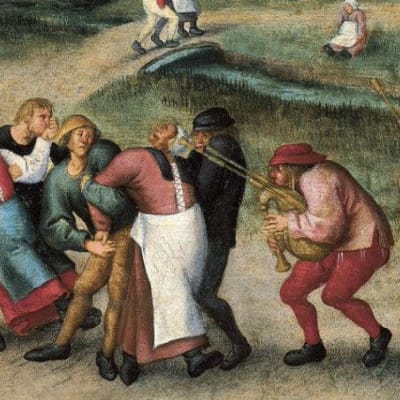 Folk som dansar på en medeltida målning.
