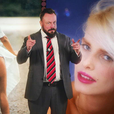 Docventures-juontaja Riku Rantala photoshopattuna naisten eteen.