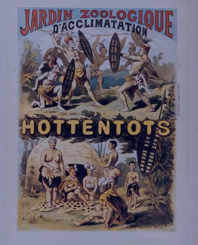 Affisch från Jardin d'acclimatation utanför Paris som gör reklam för en människoutställning ca 1877.