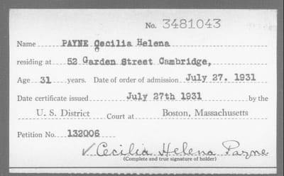 Cecilia Paynes adressuppgifter på ett maskinskrivet kort.