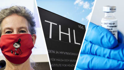 Fotokollage av Hanna Nohynek, Institutet för hälsa och välfärds logo mot en blå himmel och en hand som håller en vaccinflaska.