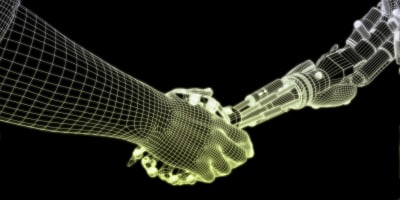 en illustration av en människohand som skakar hand med en robothand.