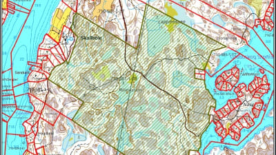 En karta över ett naturskyddsområde i Raseborg, mellan Gennarbyviken och Grabbskog storträsk