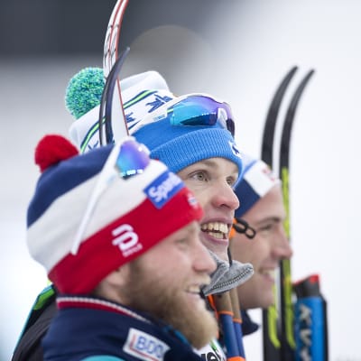 Martin Johnsrud Sundby, Iivo Niskanen och Niklas Dyrhaug medaljtrio 15 km, VM 2017.