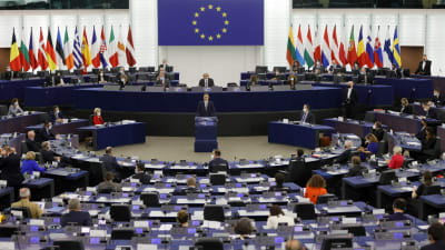 Puolan pääministeri Mateusz Morawiecki  puhui EU-parlamentille Strasbourgissa.