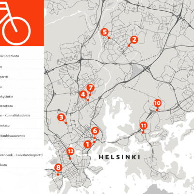 Kartalla 12 risteystä Helsingissä, joissa tapahtuu eniten pyöräilyonnettomuuksia.