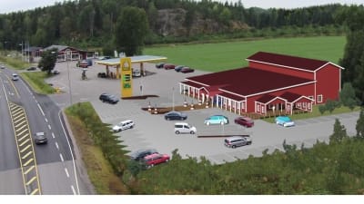 Ett bildmontage som föreställer Pickala nya ABC-bränslestatione i Sjundeå. Röd byggnad med vita knutar. Från detaljplansutkastet hösten 2014.