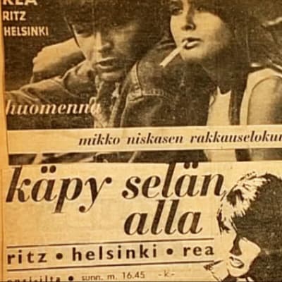 Lehtimainos Mikko Niskasen elokuvasta Käpy selän alla vuodelta 1966.