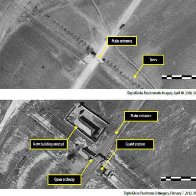Kaksi satelliittikuvaa Ch’oma-Bongin laaksosta läheltä vankileiri numero 14:ä keskisessä Pohjois-Koreassa.