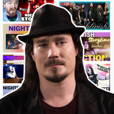 Mustahattuinen mies seisoo Youtube-kuvankaappausten edessä. Kuvankaappauksissa ihmetellään Nightwish-yhtyeen kappaleita.