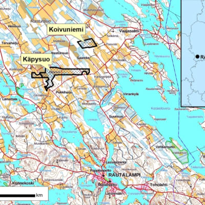 Kartta Rautalammille haettavista malminetsintäalueista.