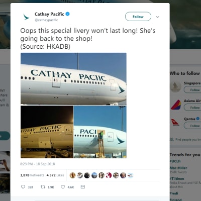 Twitter-viesti jossa näkyy lentokone.