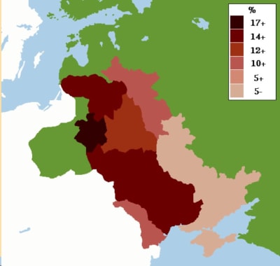 En karta som visar antalet judar i % bosatta i Ryssland ca år 1905.