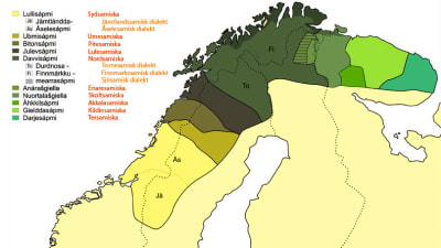 De samiska språkens geografiska utbredning på kartan.