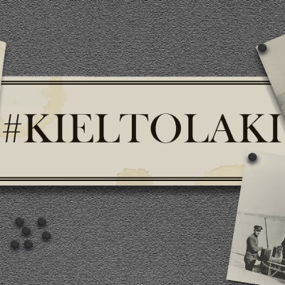 Kieltolaki-teksti paperilla. Ympärillä raittiusliikkeen juliste ja kieltolakiin liittyviä valokuvia.