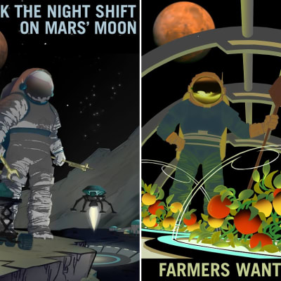 Kaksi piirrettyä julistetta, joissa on astronautti. Toisella  on pihdit ja muita työkaluja, toisella hedelmiä kasvihuoneessa. Molempien taustalla paistaa punainen Mars. 