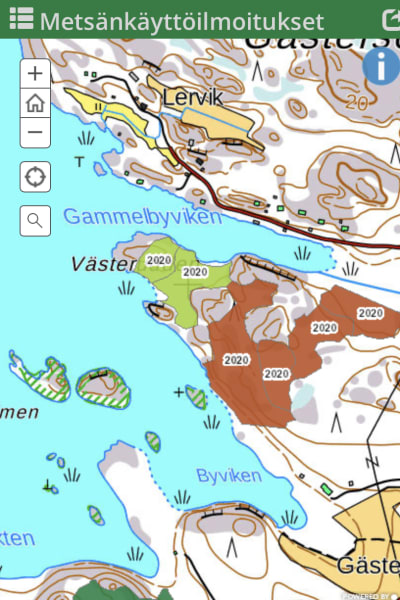 En kartvy från Skogscentralen som visar gällande avverkningsanmälningar för Gästersö i Snappertuna. Den gröna färgen betyder kalhygge och den bruna första gallring. 