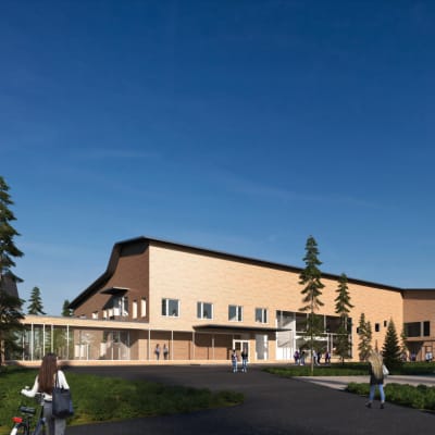 Havainnekuvassa Ranuan uusi yläkoulu-lukio ulkoa katsottuna.