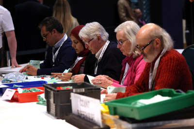 Election officials sit at a long table and count the votes.