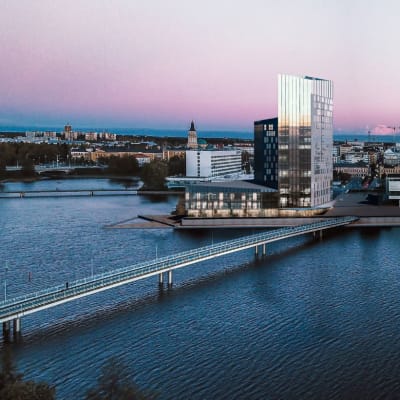 Havainnekuva Oulun torinrantaan suunnitellusta Terwa Towerista.