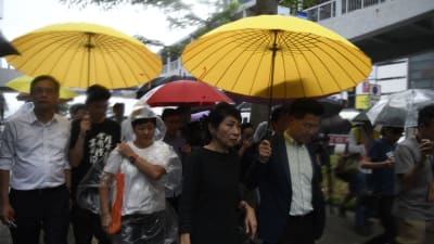 Pandemokraternas Claudia Mo deltar i demonstration i Hongkong.