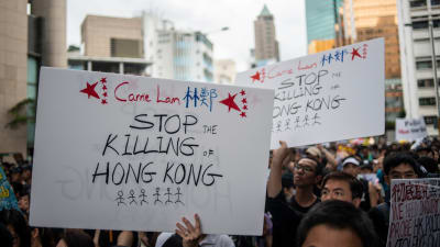 Demonstranter håller upp skyltar där de uppmanar Hongkongs ledare att sluta döda Honkong.