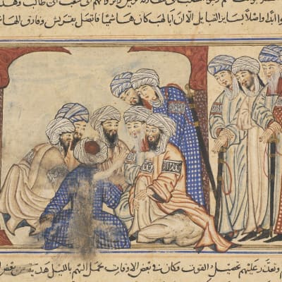 Detail of miniature from the Compendium of Chronicles by Rashid al-Din. Shows members of the Quraysh tribe, who controlled the area around Makkah (Mecca) in consultation regarding the proscription of their kinsmen, the Banu Hashim and the Banu Abd al-Mutt