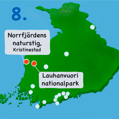 Karta över Finland med Kristinestad och Lauhanvuori markerat.