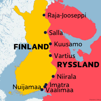  Karta över gränsövergångarna för persontrafik mellan Finland och Ryssland.