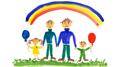 En teckning föreställande två pappor med barn.
