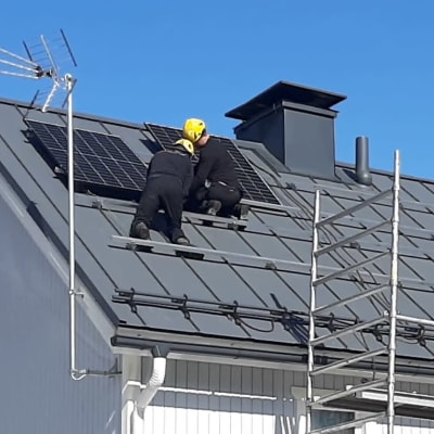 Kaksi työmiestä asentaa aurinkopaneeleja omakotitalon katolla, taustalla kuusi ja sininen taivas.
