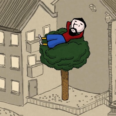 Mies makaa puussa miettimässä