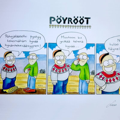 Liisa ja Arttu Seppälän Pöyrööt-sarjakuvaoriginaali on huudettavana Nenäpäivän hyväksi.