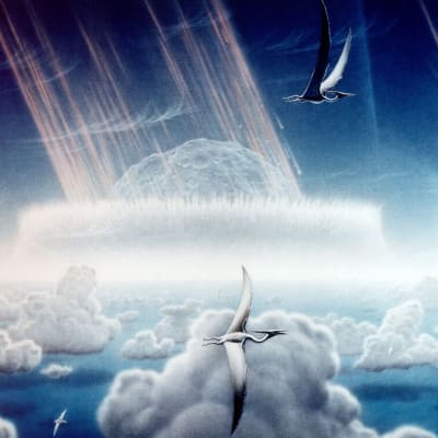 Piirroskuva asteroidista putoamassa pilvien läpi. Taivaalla lentää lentoliskoja.