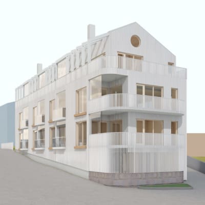 En skiss på ett hus som planeras på Torngatan 1 i Hangö. Tre våningar med balkonger.