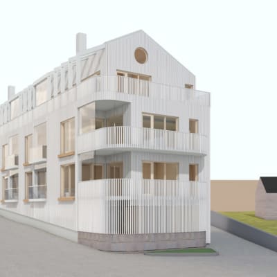 En skiss på ett hus som planeras på Torngatan 1 i Hangö. Tre våningar med balkonger.
