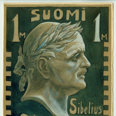 Postimerkkiluonnoksessa Sibelius sivuprofiilista kuvattuna päässään seppele.