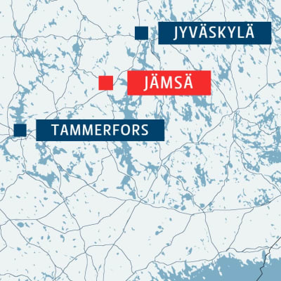 Karta över södra och mellersta Finland med Tammerfors, Jämsä och Jyväskylä utmärkta