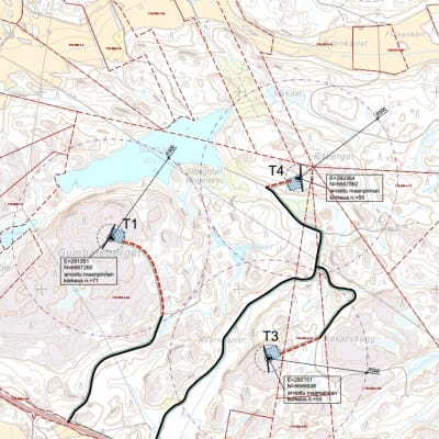 En karta över den planerade vindkraftsparken vid Gumböleberget i Olsböle i Tenala.